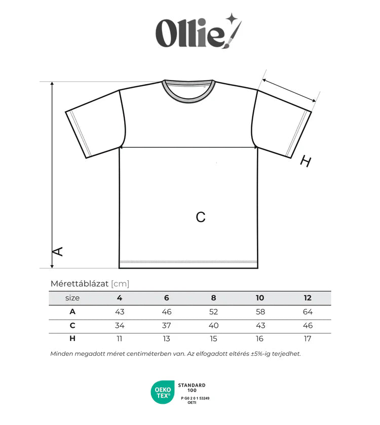 Ollie kiszínezhető gyerek póló mérettáblázat 110–146 cm méretekhez