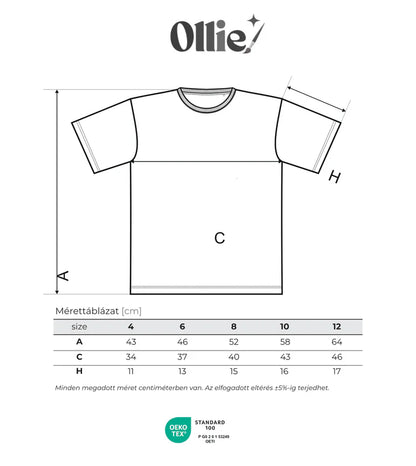 Ollie kiszínezhető gyerek póló mérettáblázat 110–146 cm méretekhez